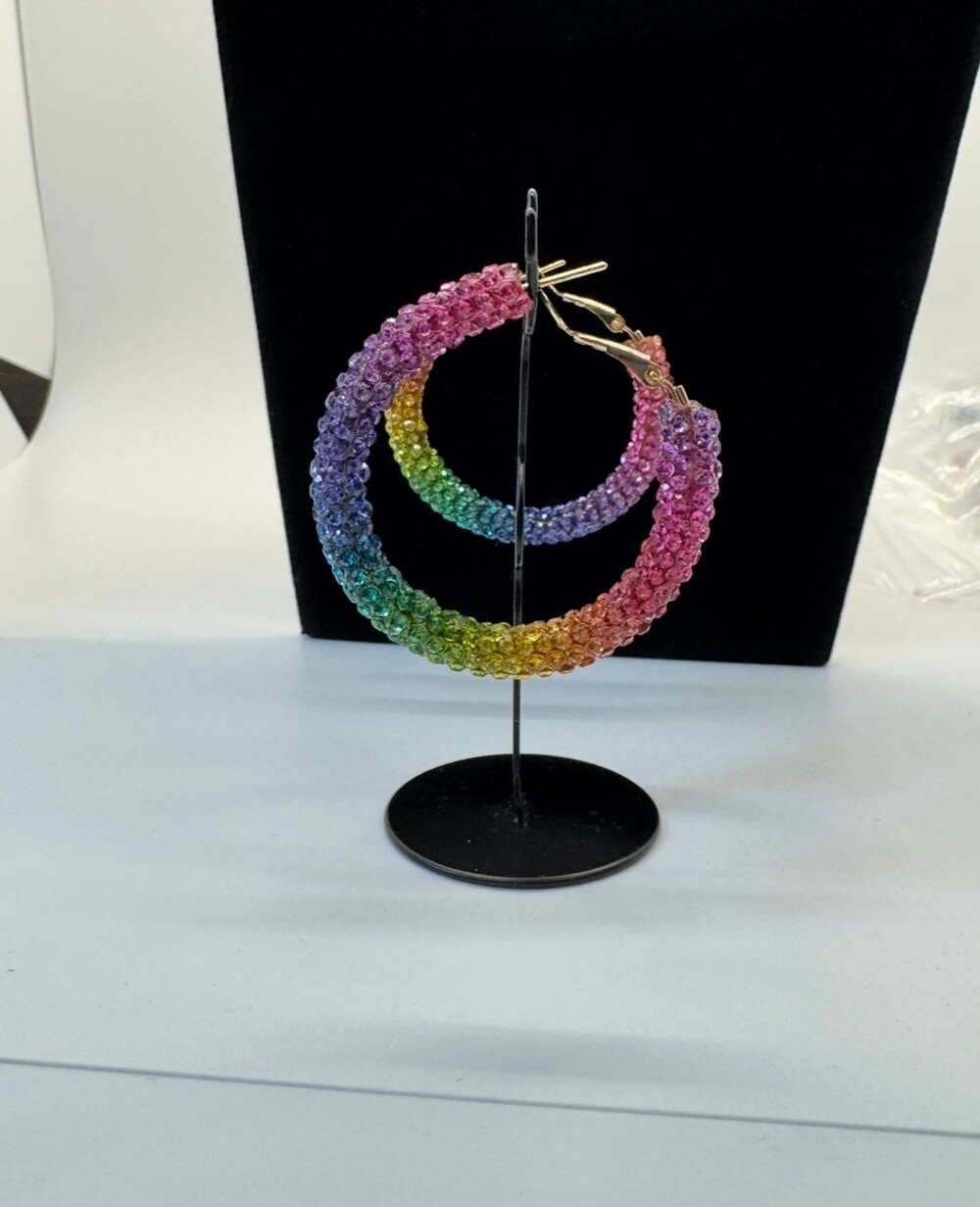 Rainbow Rhinestone Hoop Earrings Gold Tone Multicolor Statement Jewelry New